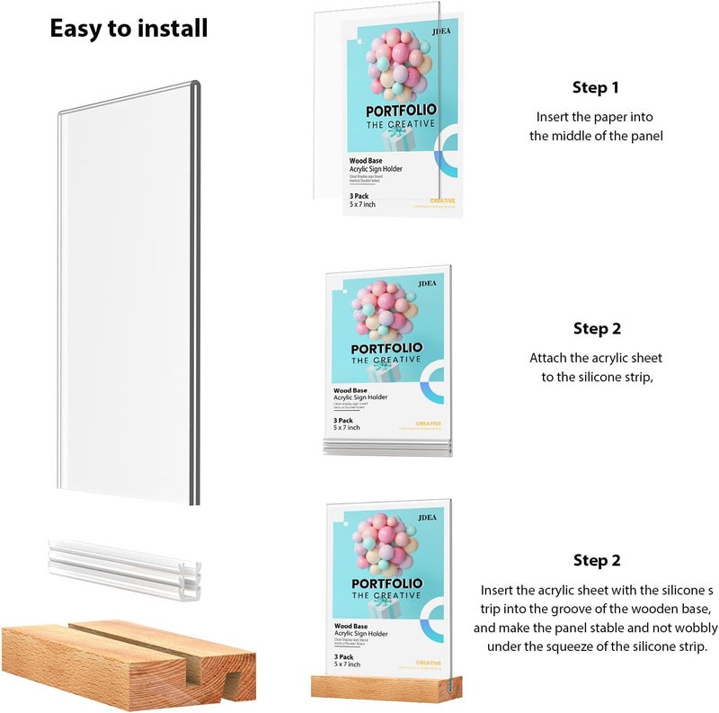 JDEA 5x7 Inch Acrylic Sign Holder with Wood Base Vertical and Slant Displays(3 Pack 5*7") - Image 5